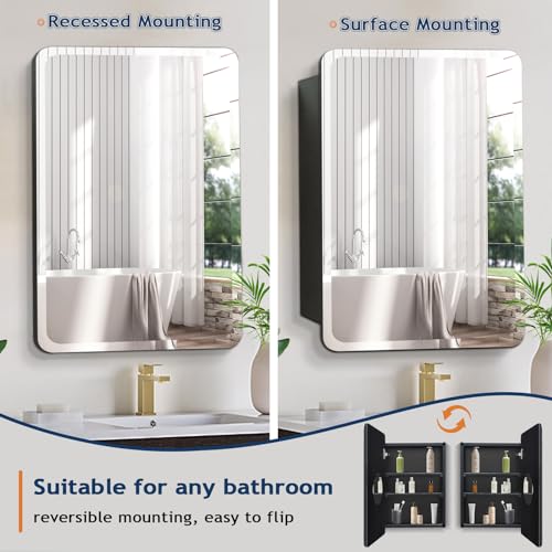 White Medicine Cabinet Mirror for Bathroom, 16x29 Inch Recessed Medicine Cabinet or Surface Mount, Frameless Beveled Bathroom Mirror with Storage Modern Farmhouse