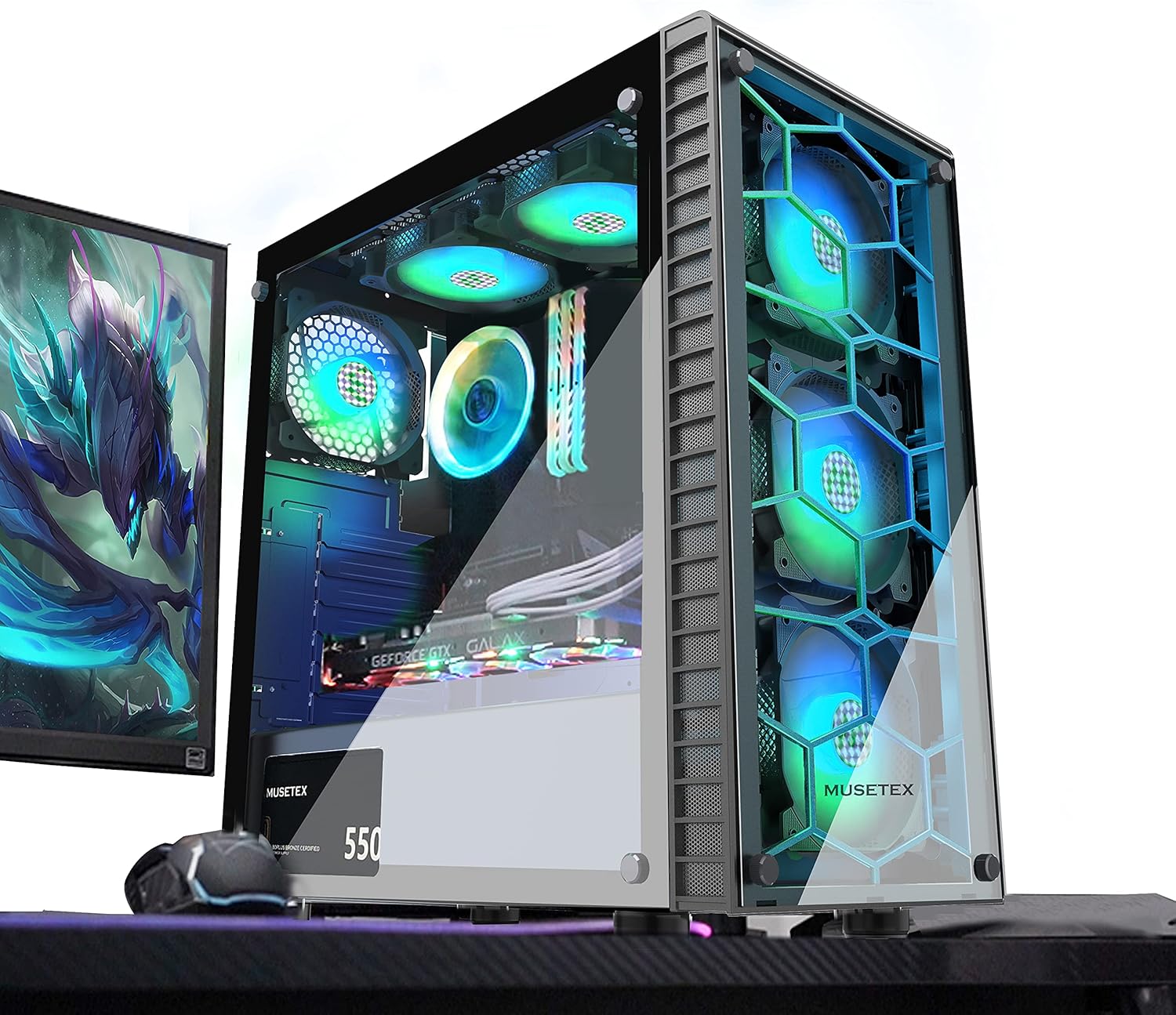 MUSETEX 6pcs ARGB Fans Pre-Installed, USB 3.0 Tempered Glass ATX Mid-Tower Chassis Gaming PC Case Cable Management/Airflow Gaming Style ATX/Micro ATX/ITX Computer Case 2021 Released (Black,G06N6)