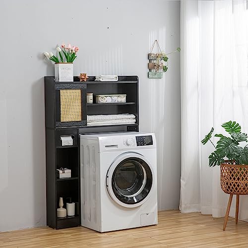 6Tier Over The Toilet Storage Cabinet, Freestanding above Toilet Space Saver Rack w/Adjustable Shelves, Sliding Door, Multifunctional Over Toilet Organizer for Bathroom (White)