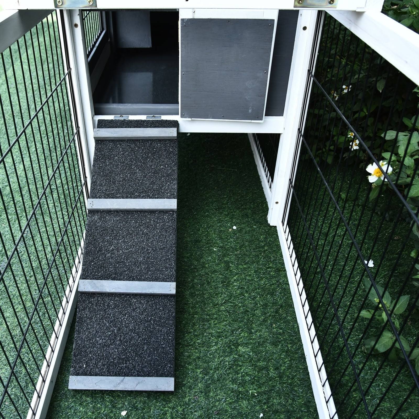 PawHut Solid Wood Rabbit Hutch with 2 House Levels and Patio Space, Strong Black Metal Cage WIRE, and Easy Clean Tray