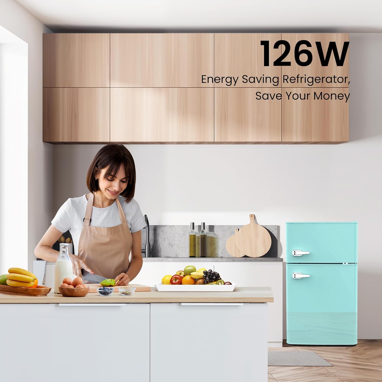 COWSAR Compact Refrigerator, 3.2 Cu Ft, Mini Refrigerator with Freezer, Double Door, 7 Temperature Settings, Low Noise, Suitable for Dorm/Apartment/Office/Kitchen, Green
