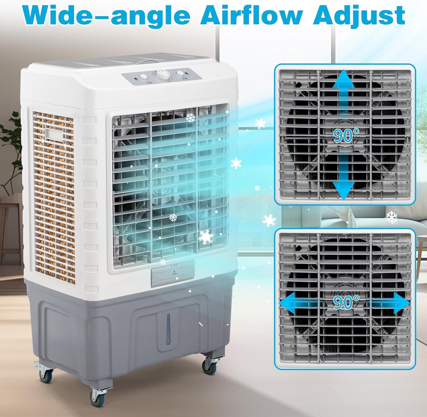 3 in 1 Portable Evaporative Cooler,Indoor,Outdoor,4118CFM Personal Air Cooler,Mechanical control,13.2 Gal Large Water Tank & Scroll Casters, 4 Ice Packs,White and gay