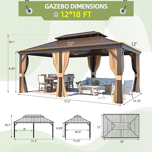 MELLCOM 12'x16' Hardtop Gazebo, Galvanized Steel Metal Double Roof Canopy with Curtains and Netting, Brown Permanent Pavilion Gazebos with Aluminum Frame for Garden, Patio, Lawns, Deck