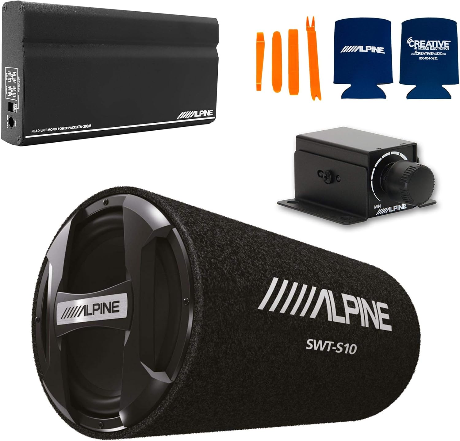 Alpine KTA-200M Mono Power Pack Amp with Alpine SWT-S10 10" Loaded Tube Subwoofer and Bass Knob