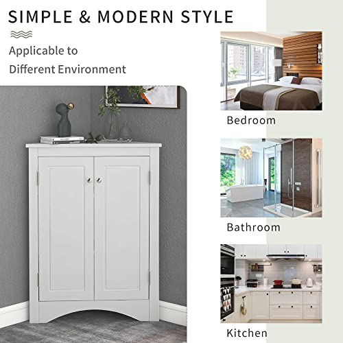 Corner Storage Cabinet, Wood Triangle Bathroom Cabinet with Adjustable Shelves, Freestanding Floor Cabinet with 2 Doors for Home Kitchen Bathroom (Grey + MDF)