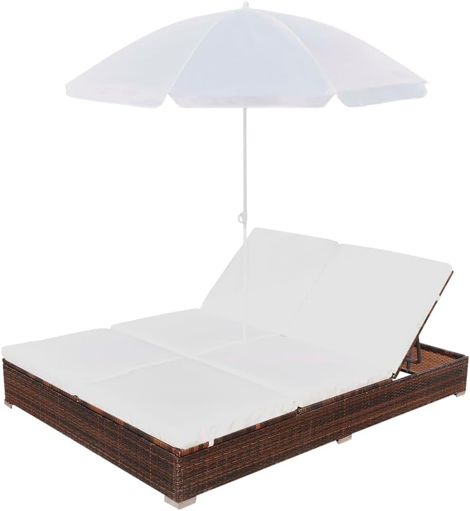 Double Sun Lounger with Cushion and Umbrella | 2-Person Patio Chaise Lounges | Adjustable Outdoor Sunbed | Garden Sunlounger Daybed | Sun Lounge Bed for Pool Beach Bakcyard | Brown Poly Rattan