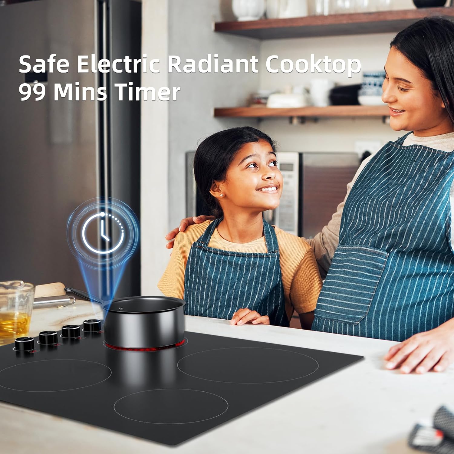 Electric Cooktop 24 inch Ceramic Stove 4 Burners Built-in Electric Stove 220-240V Electric Ceramic cooktop in Black, Control by Knob/Child Lock/9 Power Levels/Timer
