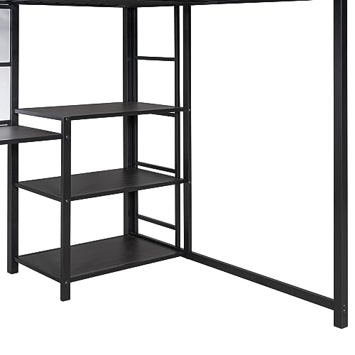 Merax Full Size Mental Loft Bed Frame with Desk and Whiteboard,3 Shelves and Ladder for Bedroom for Boys Girls Adult,Black