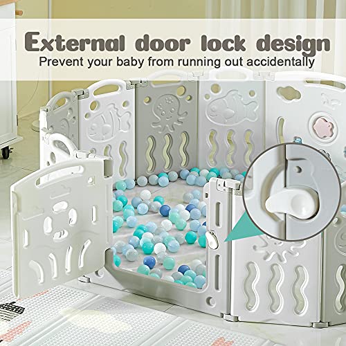 Albott Baby Playpen, Upgraded 18 Panels Foldable Baby Fence with Game Panel and Safety Gate, Adjustable Shape, Portable Baby Play Yards for Children Toddlers Indoors (18 Panel, White+Grey)