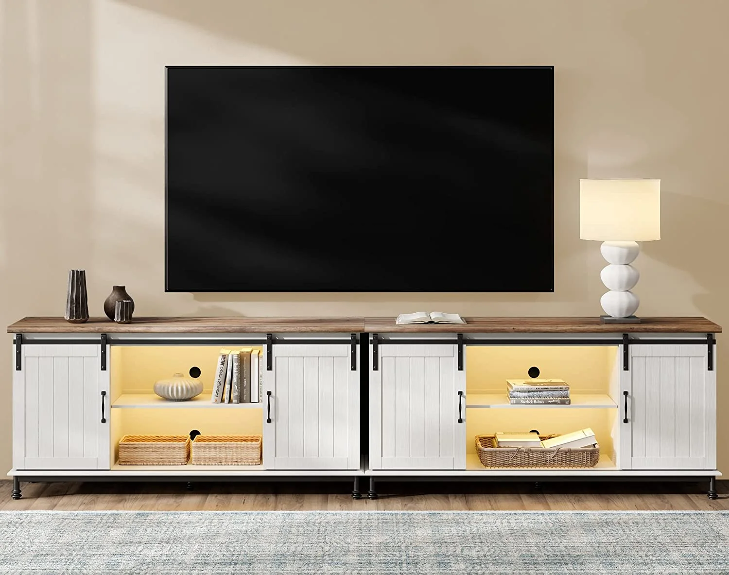 WAMPAT TV Stand for 110 Inch TV wit Blue LED Light, White Entertainment Center for 90-110 inch TV Console Table Farmhouse Storage for Living Room