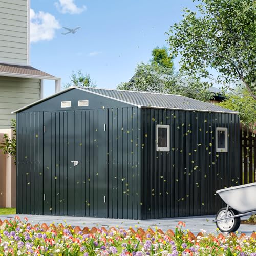 10X12X7.5 FT Outdoor Steel Storage Shed with Lockable Doors, 2 Windows, Transparent Roof Panels (Wood Panels & Frame Floor Not Included), Ideal for Patio Storage,Garbage Can, Chicken Coop，Brown
