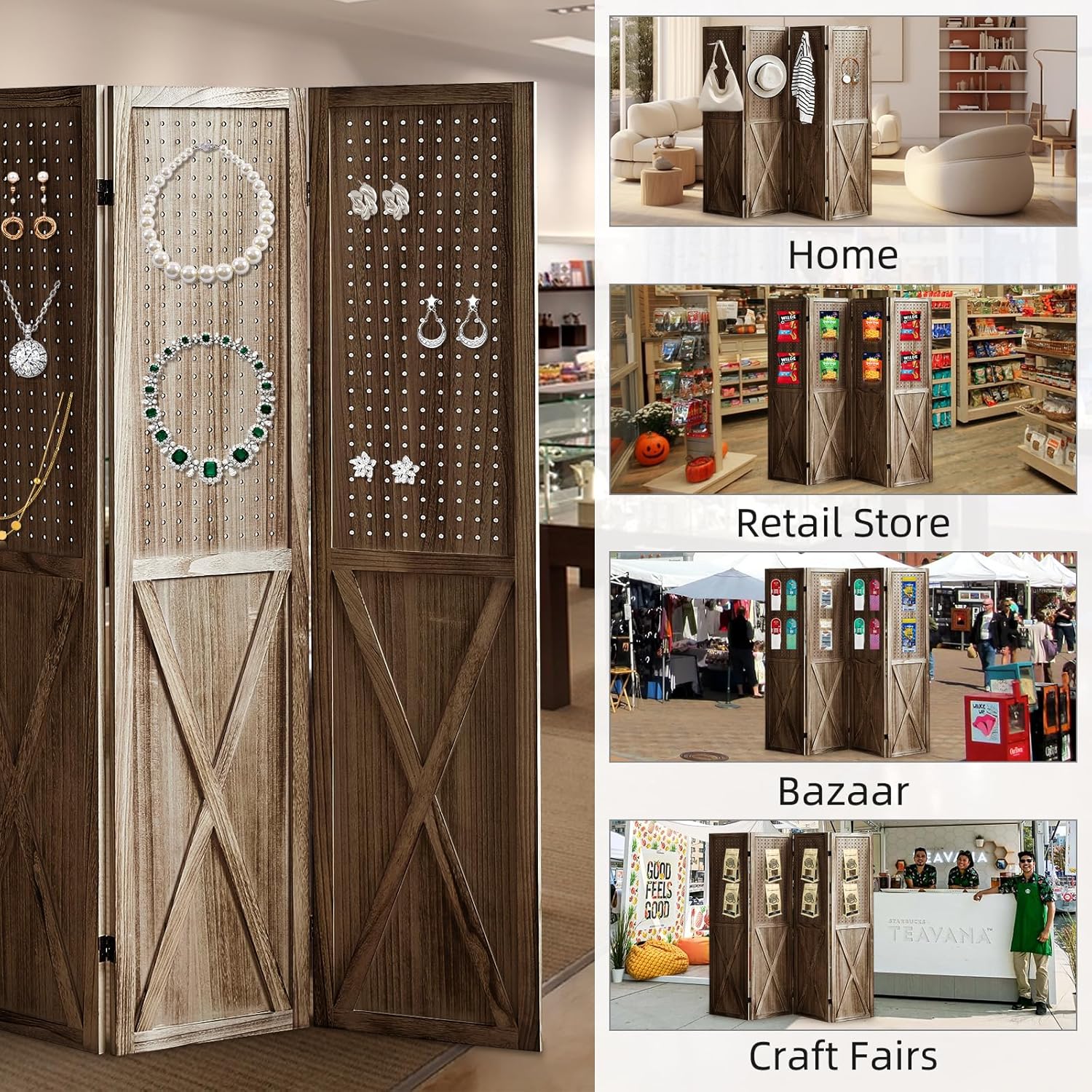 Pegboard Display Wood Room Divider 4 Panel, Folding Privacy Screens, Peg Board Room Divider, 5.6Ft Room Divider, Portable Pegboard Display Stand Organizer for Art, Jewelry, Craft Shows (Brown)