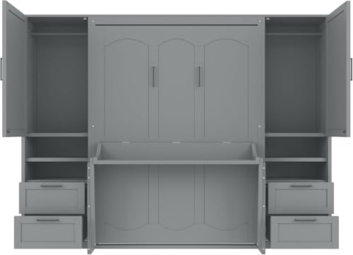 MERITLINE Full Murphy Bed with Desk and Storage 2 Closet,Drawers&Shelves, Wood Folding Murphy Wall Bed Cabinet for Adults (Full,White with Drawers)