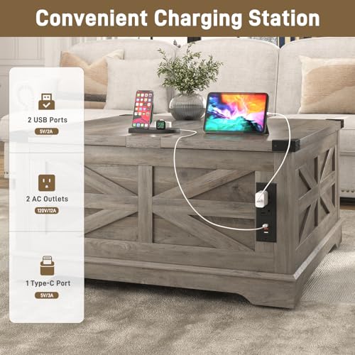 36" Farmhouse Movable Lift Top Coffee Table with Storage and Power Outlets, Square Wood Living Room Tables with Wheels&Large Hidden Space, Lift Wooden Barn Door Center Table, White