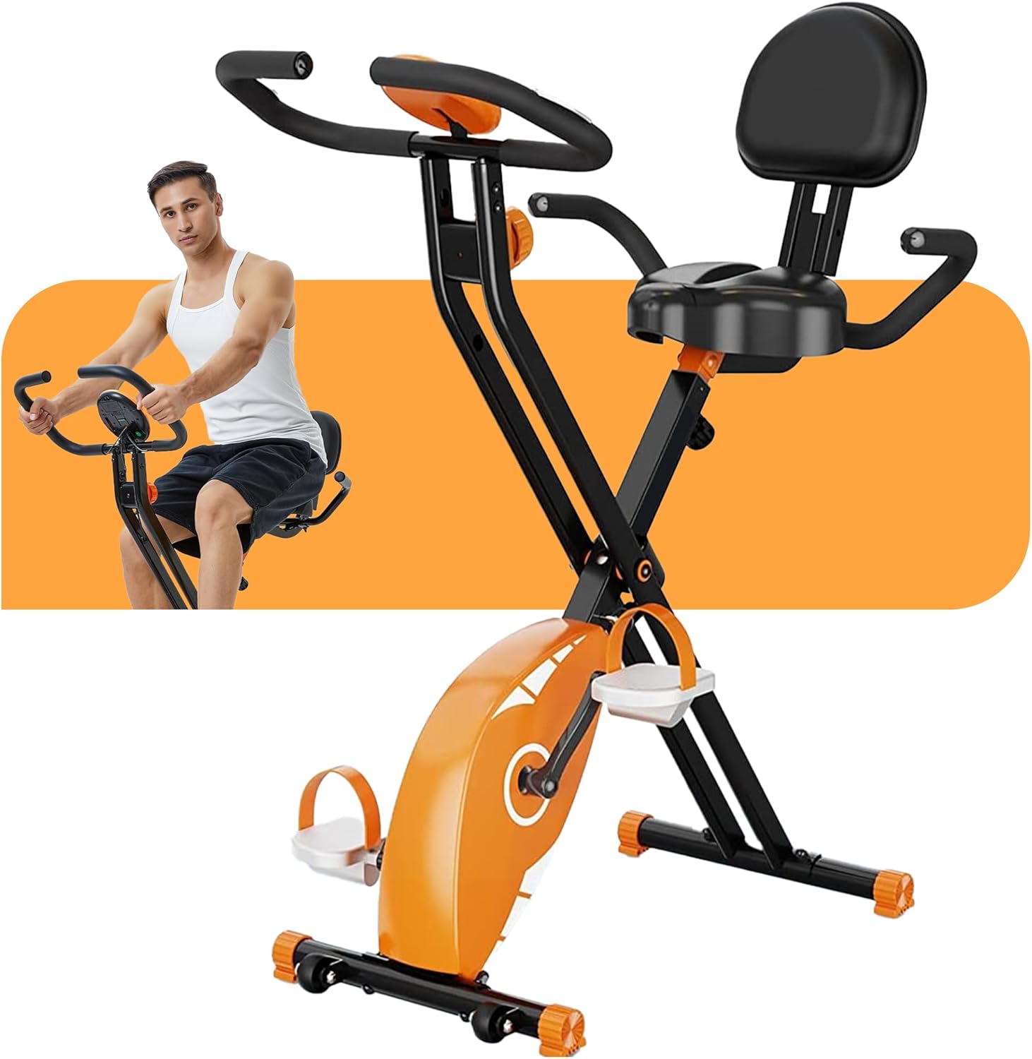 FULLFIT Folding Exercise Bike, Foldable Fitness Stationary Bike Machine, Upright Indoor Cycling Bike, Magnetic X-Bike Adjustable Resistance, Bottle Holder & Back Support Cushion for Home Gym
