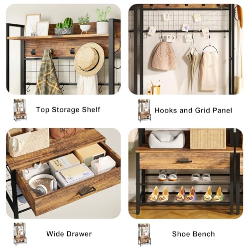 DKLGG Hall Tree with Bench and Shoe Storage for Entryway, 5-in-1 Coat Rack with Shoe Storage, Wood Look Accent Shoe and Coat Rack, Farmhouse Hall Tree with 12 Hooks for Mudroom, Bedroom, Living Room