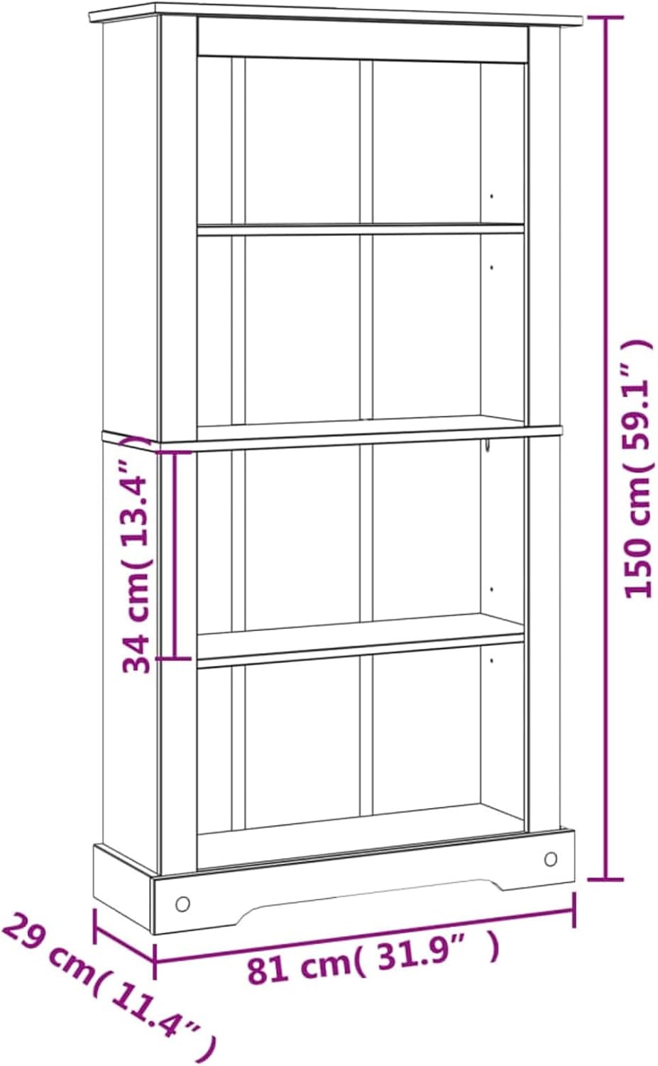 4-Tier Bookcase Office Furniture Bookshelf for Bedroom Bookshelve Office Bookcase Mexican Pine Corona 31.9""x11.4""x59"", Brown
