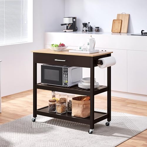 Yaheetech Kitchen Island Cart on Wheels with Bamboo Tabletop, 3-Tier Rolling Kitchen Island Microwave Cart with Drawer, Detachable Towel, 3 Hooks, 17" D x 37.5" W, White