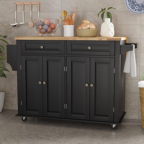 Rolling Kitchen Island with Drop Leaf – Movable Kitchen Carts on Wheels Island with Storage Cabinet, Island Table for Kitchen with Rubber Wood Top and Rack and Drawers, Matte, White