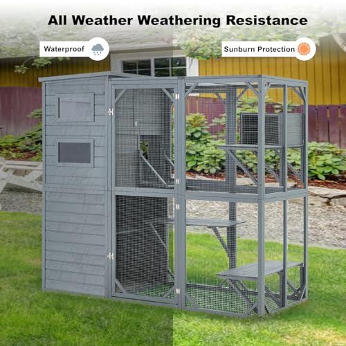 Mdeam Large Catio Outdoor Cat Enclosure, 4 Tiers Indoor Cat House for Multiple Cats with Weatherproof Roof, 4 Resting Rooms, 4 Platforms, 5 Windows, 70" H 32" W 77" L, Grey Green
