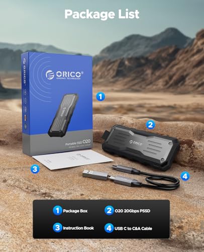 ORICO 1TB Portable SSD Up to 2000MB/s, Interface Extra Protection, Metal Body + Rubberized Casing External Solid State Drive, Water and Dust Resistance for X-sports, Outdoors Professionals, PSSD - O20