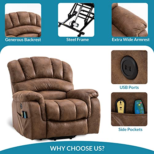 Large Power Lift Recliner Chair with Massage and Heat for Elderly Big Man, Extra Wide & Oversized Electric Recliner with 2 Remote Controls, 2 USB Ports & 2 Side Pockets, 350lbs Capacity (Brown)