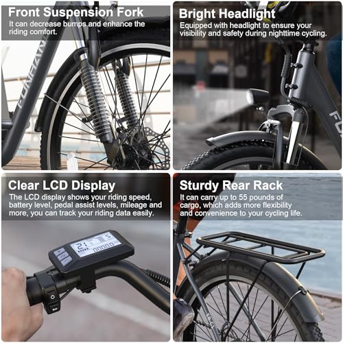 Electric Bike for Adults, 26" 1000W Peak City Cruiser Ebike, 21.7MPH 50 Miles Commuter Electric Bicycle with 48V 374.4WH Removable Li-ion Battery, Adjustable Stem, Rear Rack, Fenders, 7-Speed