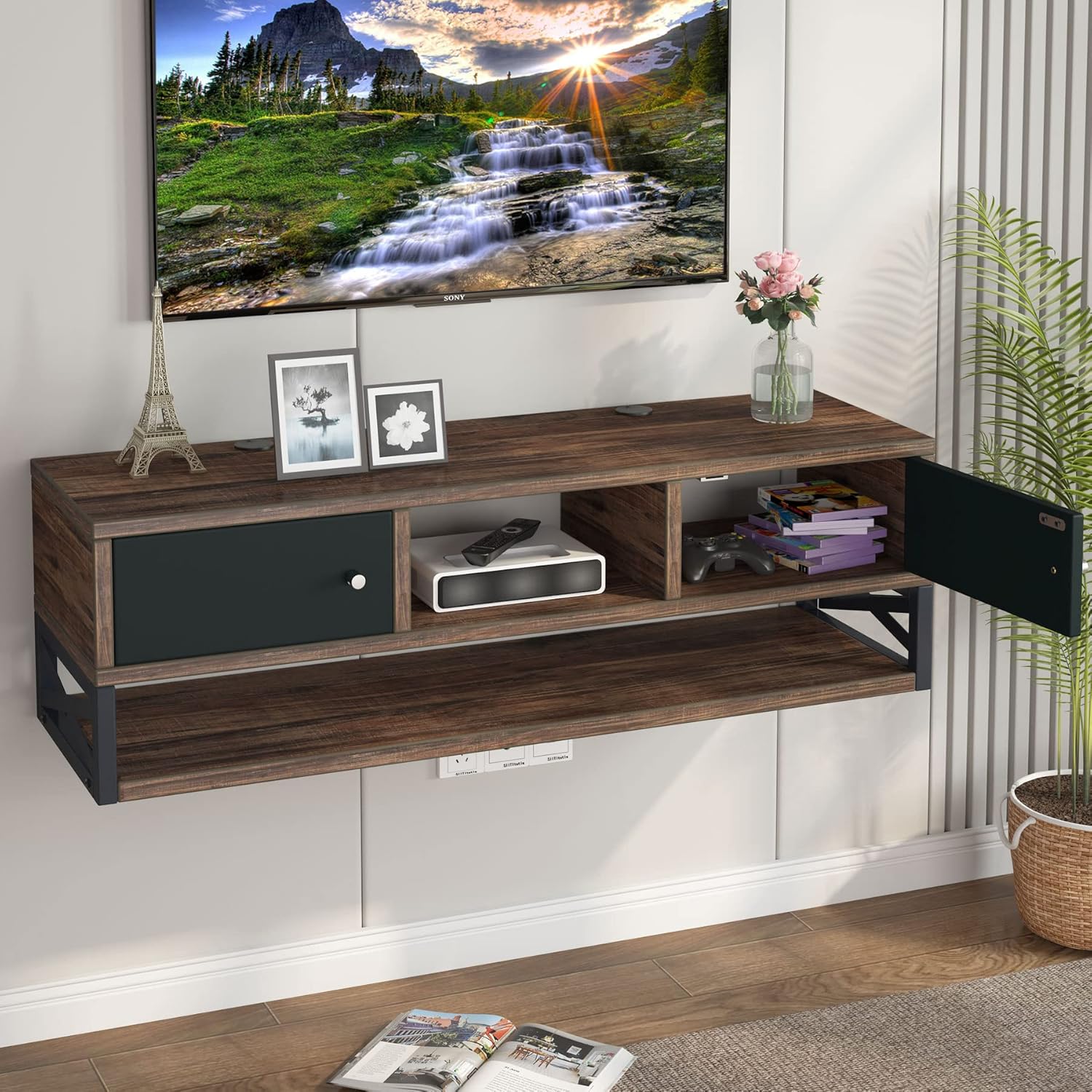 Tribesigns Floating TV Stand, 3-Tier Wall Mounted Media Console TV Shelf with Magnetic Suction Doors, TV Cabinet Entertainment Center Console Shelf for Living Room Bedroom