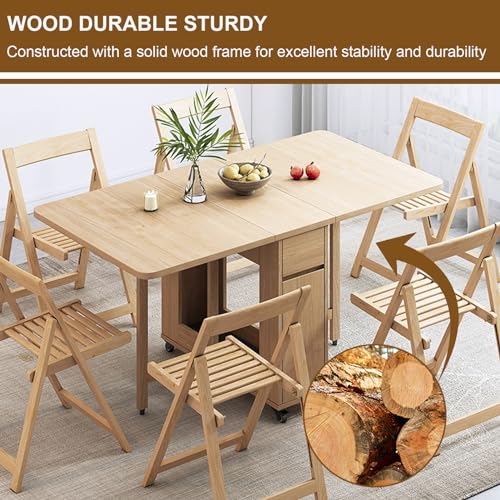 Space Saving Folding Dining Table with 4-6 Chairs, Extendable Drop Leaf Farmhouse Wood Kitchen Dining Room Tables Set for 6, Collapsible Expandable Kitchen Dining Living Office Furniture,6 Cha