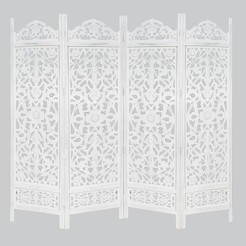 Room Divider Wood Screen - Ghanti Bells Antique Brown - 4 Panel Folding 72 x 80 - Assembled Hand Carved Decorative Functional Versatile Portable Partition Reversible Privacy Boho - COTTON CRAFT