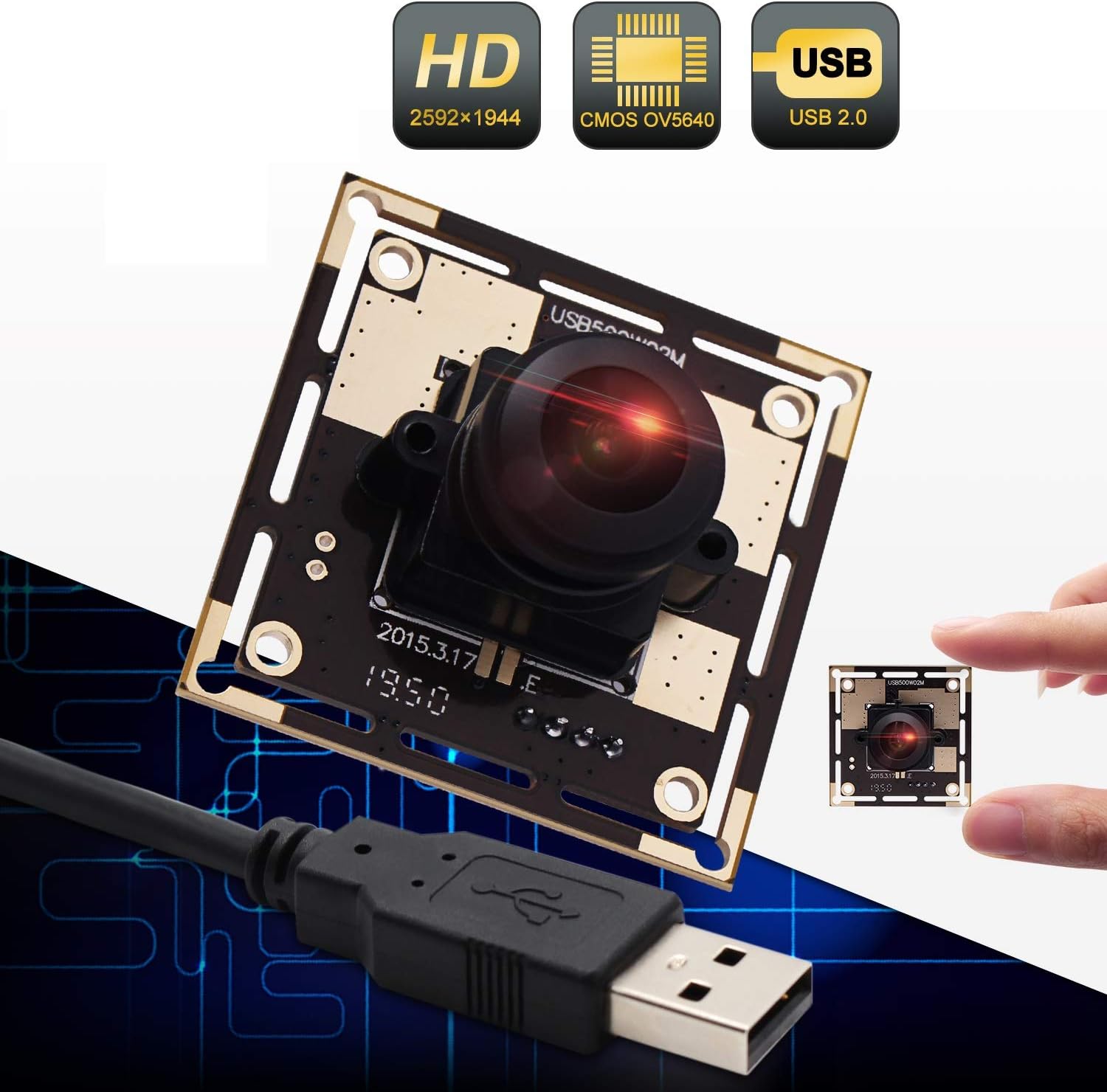 Autofocus 5 Megapixel USB Camera Module with 170 Degree Fisheye Lens HD 2592X1944 USB Webcamera with CMOS OV5640 Sensor USB with Camera,Mini Webcam for Windows Mac Andriod Linux,Plug&Play