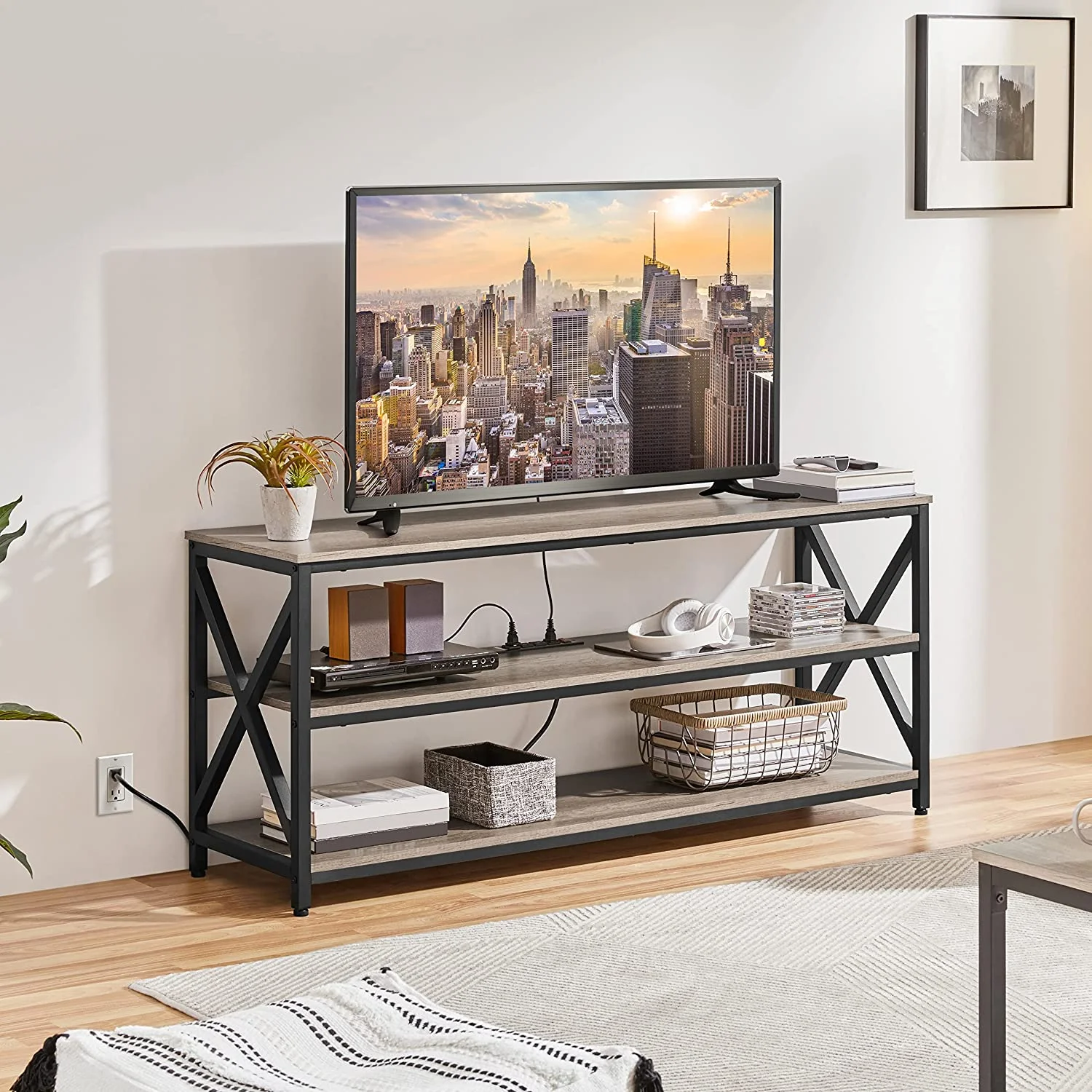 TV Stand for TV up to 65 inch, Industrial TV Cabinet with Power Outlets for Living Room, Media Entertainment Center TV Console with 3 Tier Storage Shelves & Charging Station, Rustic Brown