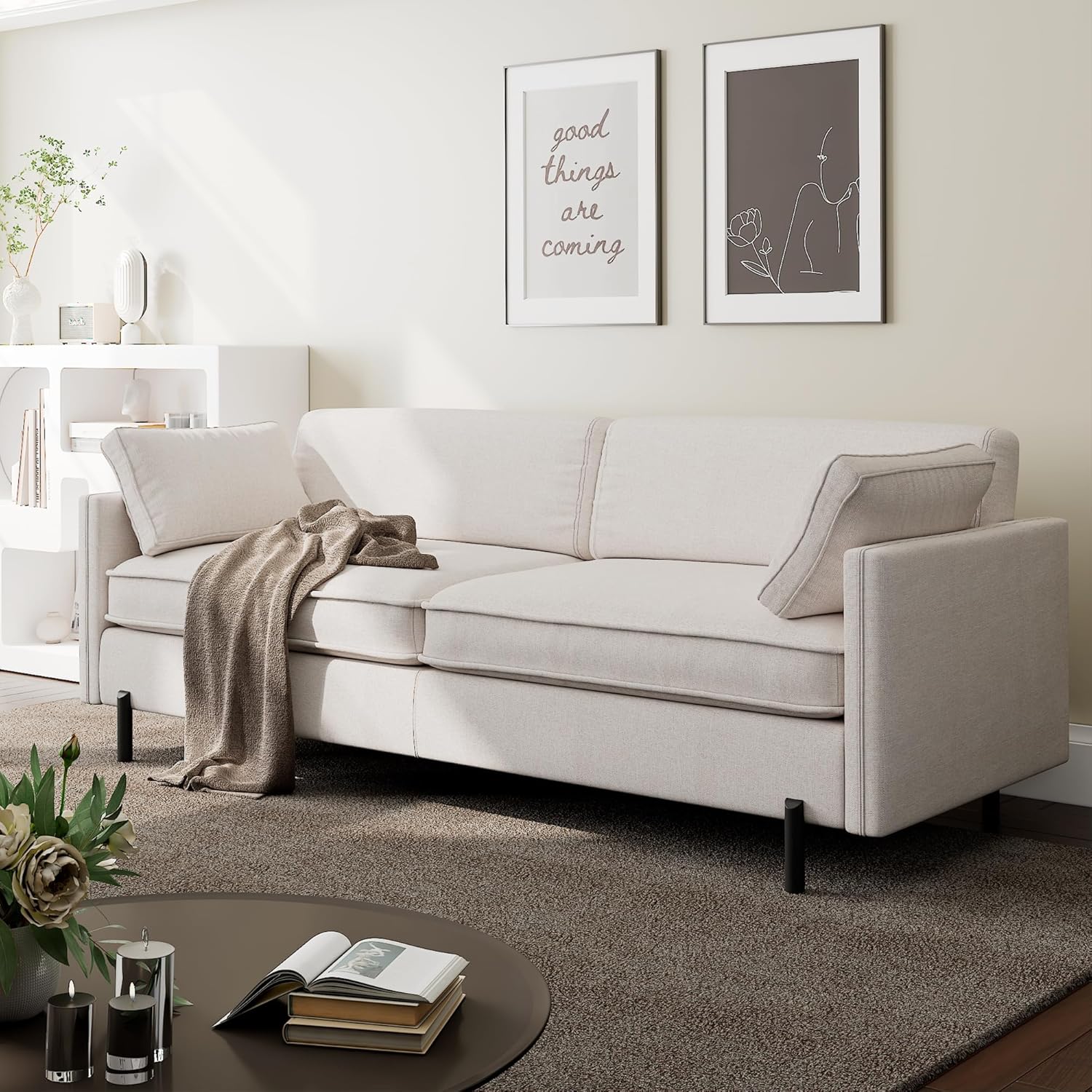 79" Comfy Sofa with 2 Pillow, Modern 3 Seater Linen Sofa Couch, Solid Wood Frame & Metal Legs, Perfect for Living Room, Bedroom, for Small Space, Sturdy & Durable, Easy Assembly, Beige
