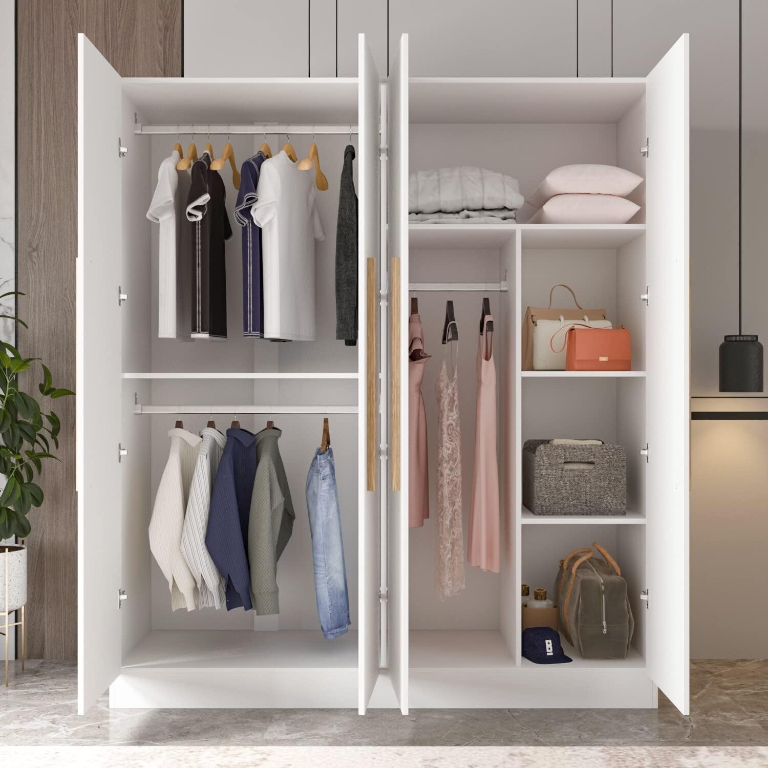 Modern Freestanding Solid Wood Wardrobe Closet with Storage Shelves White Glam MDF Finish