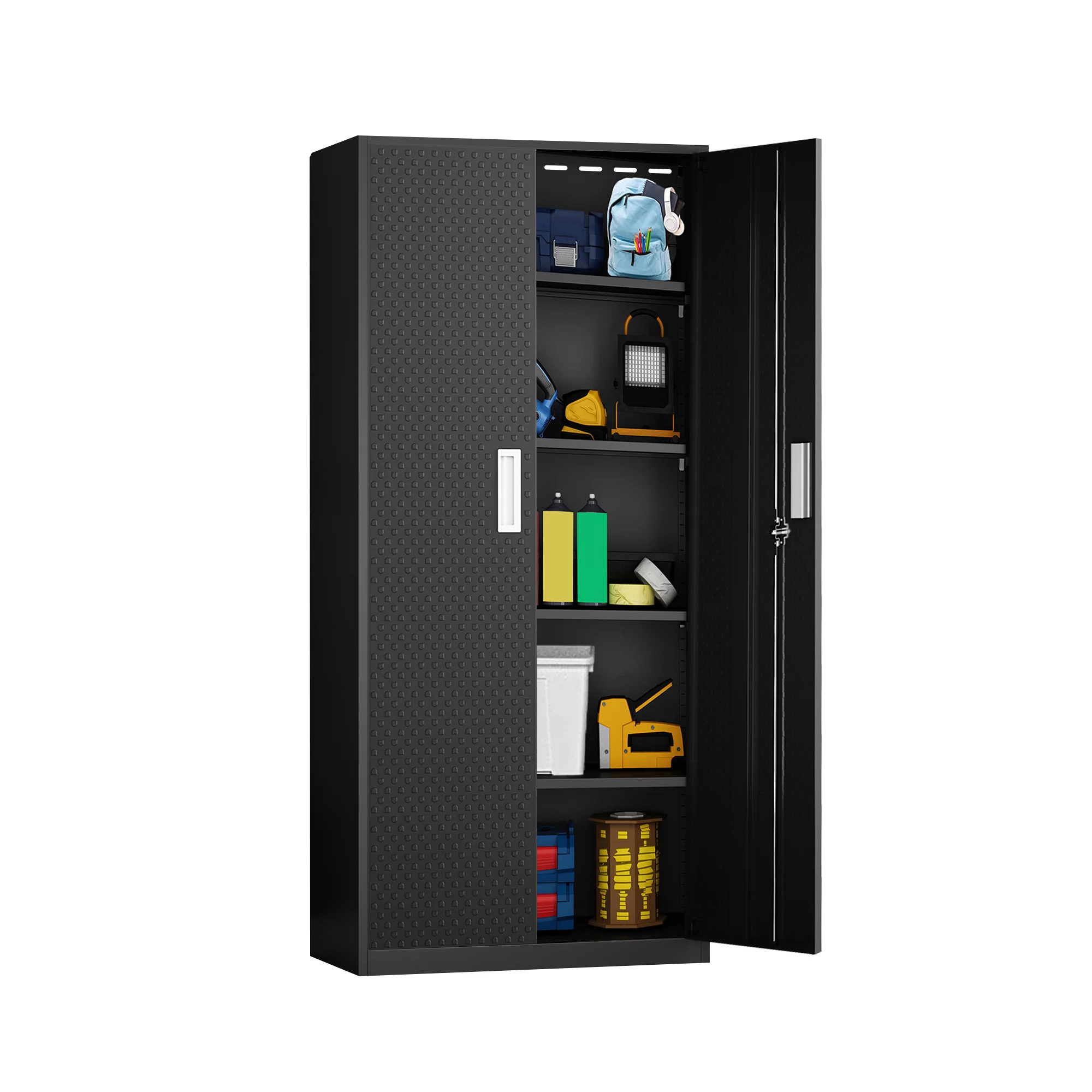 Tall Metal Storage Garage Cabinets with Locking Doors and 4 Adjustable Shelves, Double Handles, Steel Storage Cabinet for Garage, Office, Bedroom,Classroom, Employees,School,GymBlack