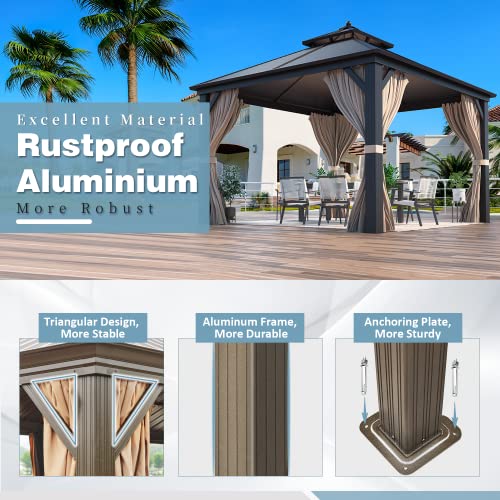 MELLCOM 12'x16' Hardtop Gazebo, Galvanized Steel Metal Double Roof Canopy with Curtains and Netting, Brown Permanent Pavilion Gazebos with Aluminum Frame for Garden, Patio, Lawns, Deck