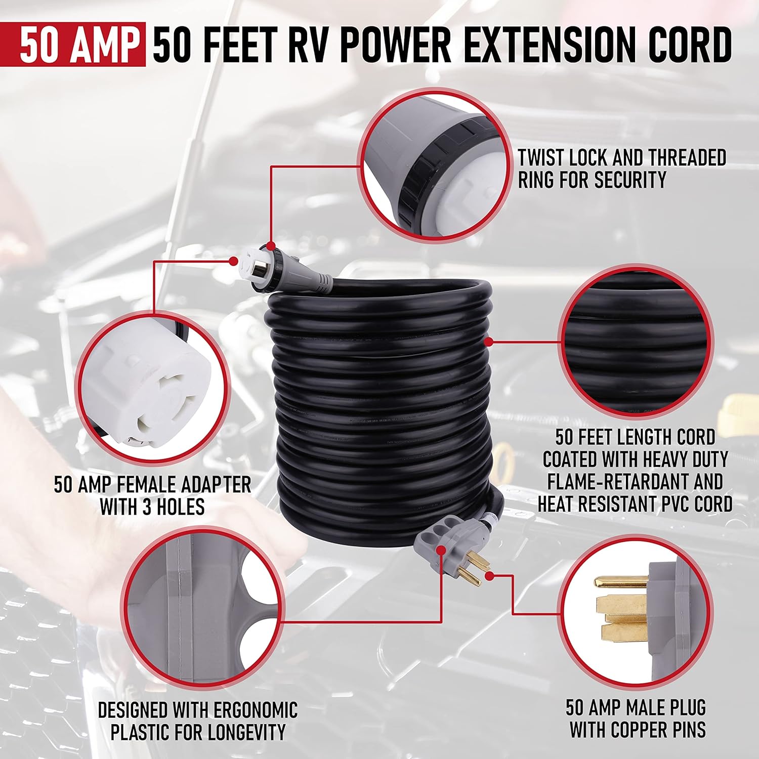 AA Ignition 50 Amp 50 Feet RV Power Extension Cord - NEMA 14-50P Male to NEMA SS2-50R Female - 125V/250V Power Supply Cable with Molded Connector and Twist Lock - Camper, Trailers, Motorhome, Caravan