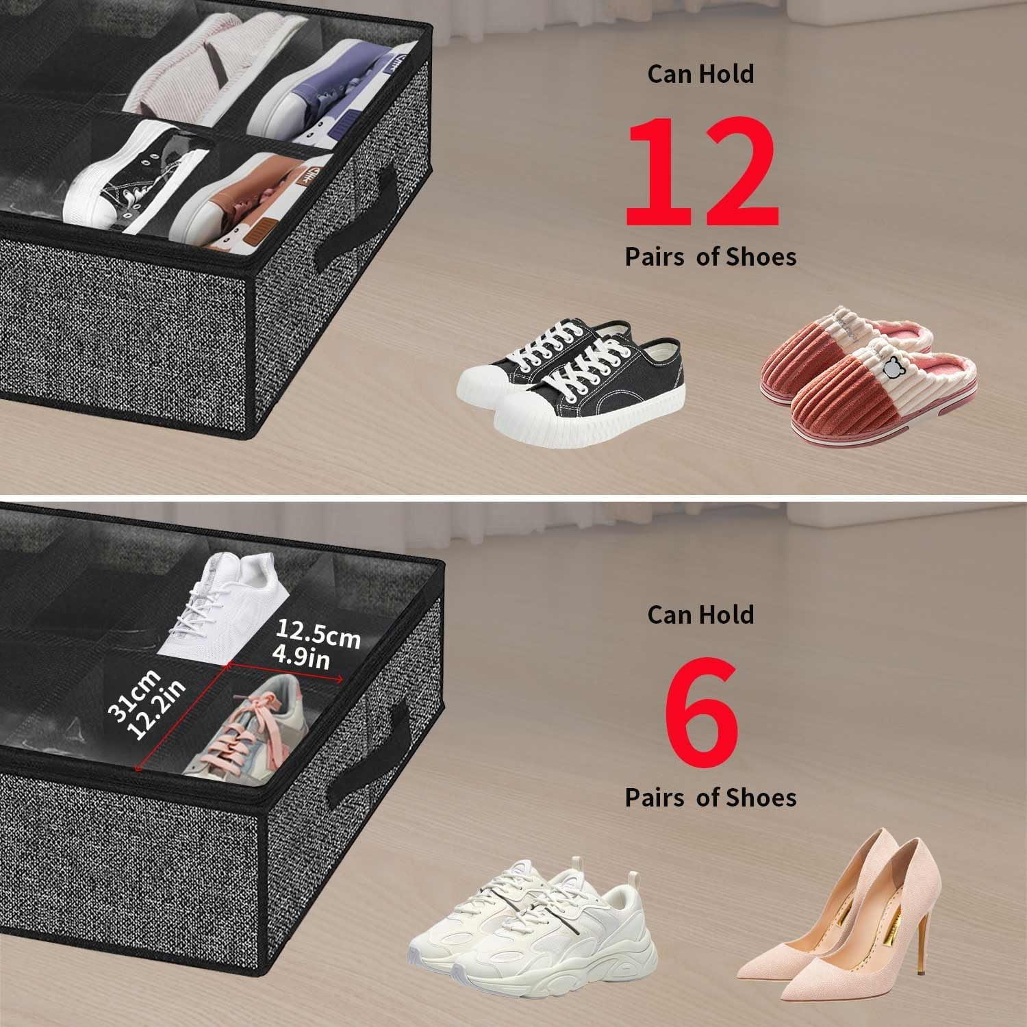 Under Bed Shoe Storage Organizer with Sturdy Handles and Clear Window  Premium Foldable Underbed Shoes Container Box for Closet, Linen-like Black