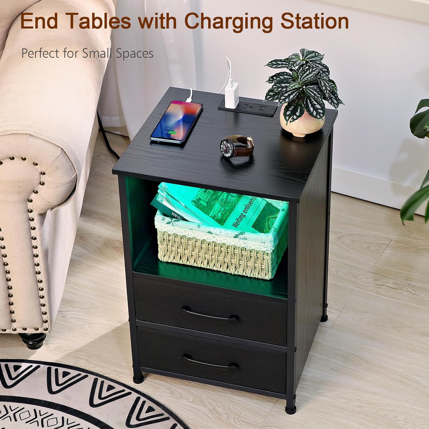 Nightstand Set of 2, Black Night Stand with Charging Station