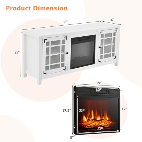 GOFLAME 58" Fireplace TV Stand for TVs up to 65 Inches, Wooden TV Console with 18” Electric Fireplace Insert, Fireplace TV Cabinet, Entertainment Center with Remote Control, Adjustable Shelves, White