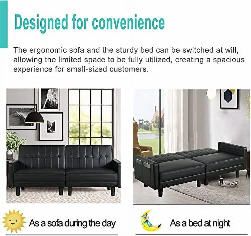 NLIBOOMLife Futon Sofa Bed Couch and Sleeper Sofas for Living Room  Faux Leather Convertible Folding Sofa Bed Couch and Loveseat for Small Space with Side Pockets Armrest and Sturdy Legs
