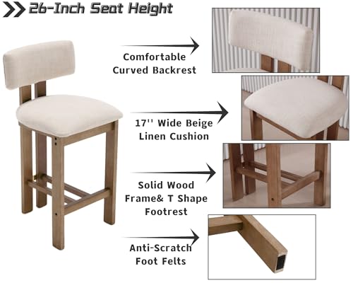 26’’ Tall Farmhouse Kitchen Bar Stools Set of 4, Modern Counter Stools with Backs Beige Linen Upholstered Bar Height Chairs with Hardwood Frame, Counter Height Island Wood Barstools for Kitchen Island
