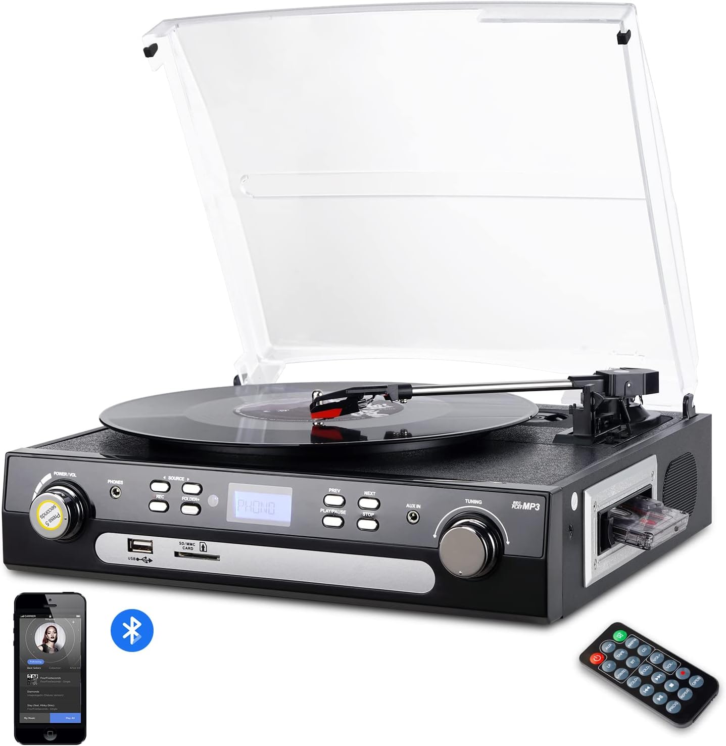 DIGITNOW Bluetooth Record Player with Stereo Speakers, Turntable for Vinyl to MP3 with Cassette Play, AM/FM Radio, Remote Control, USB/SD Encoding, 3.5mm Music Output Jack(Black) Pack of 2