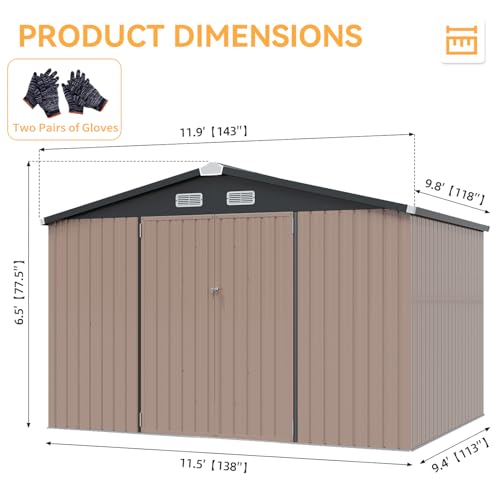 Aoxun 10 x 12FT Outdoor Storage Shed with Double Hinged Large Door Utility Garden Shed with Lockable Door & Sloped Roof Metal Sheds Outdoor Storage for Garden, Backyard, Patio and Backyard, Brown