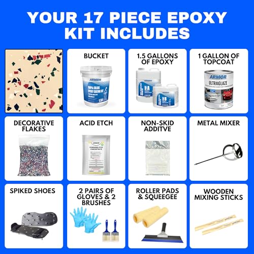 Garage Epoxy Floor Kit – 100% Solids - 2 Part Industrial-Grade Coating w/UltraGlaze Topcoat | DIY Slip & Hot Tire Resistant | 300 Sq Ft - Blue - 17 pc kit