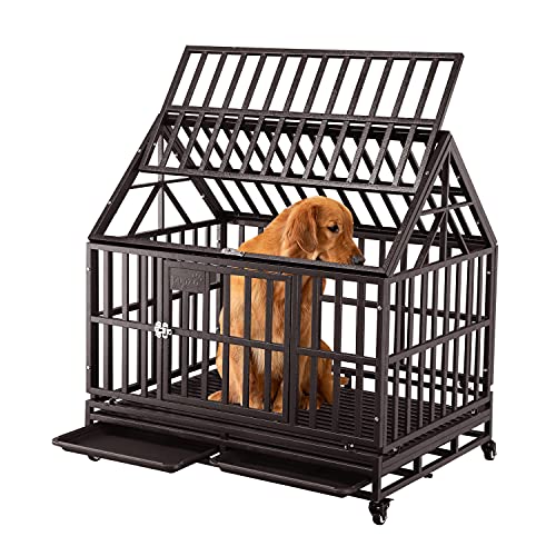 PUPZO Dog Cage Crate Kennel Heavy Duty Tear Resistant Square Tube with Four Wheels for Large Dogs Easy to Install (38 inch roof, Brown)