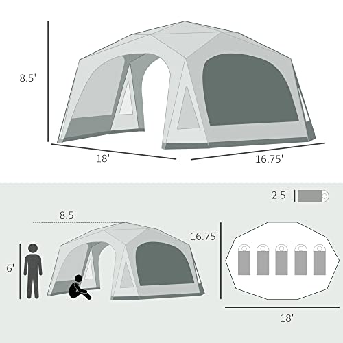 Outsunny Large Camping Tent with 10 Person Floorspace, Rain Cover & Breathable Mesh Roof, Cabin Tent 8 Person Size, Big Family Tent Camping Accessory