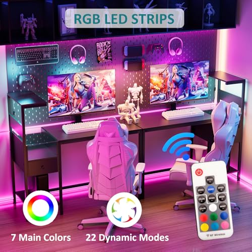 48 inch Reversible Gaming Desk with LED Lights & Power Outlets, Computer Desk with Storage Shelves & Drawer, Home Office Desk with CPU Stand, Black