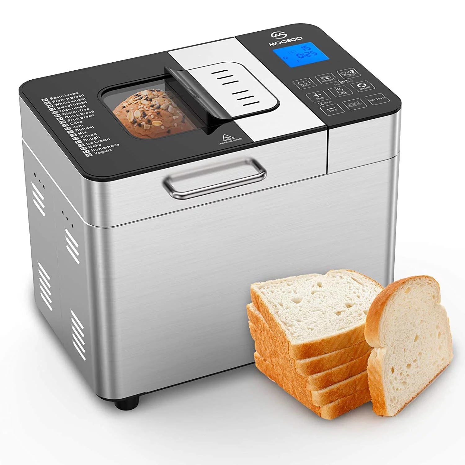 MOOSOO 18-in-1 Bread Machine 2LB Stainless Steel Programmable Bread Maker Machine with Gluten-Free Setting, Nonstick Ceramic Pot & Digital Touch Panel - Curated Treasures Market