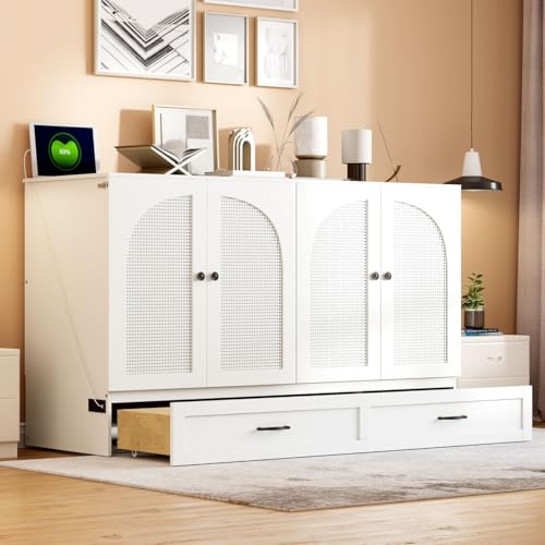 Full Size Murphy Bed Cabinet, Solid Wood Murphy Bed with Charging Station and Large Storage Drawer, Wall Mounted Foldable Platform Bed, Space Saving for Guest Room, Office, Gray